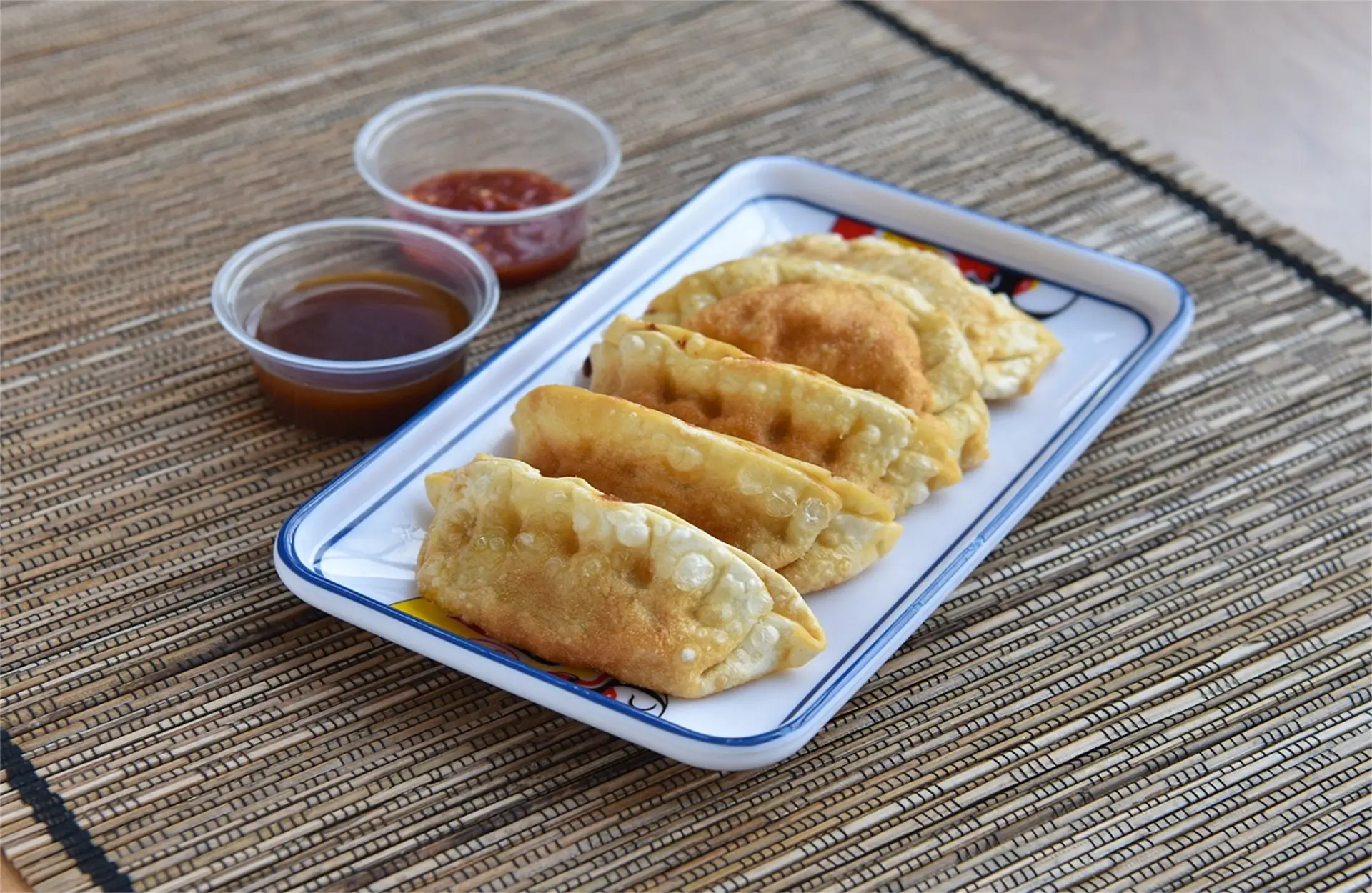 Crispy pan-fried dumplings with dips, a Chinese Restaurant in USA